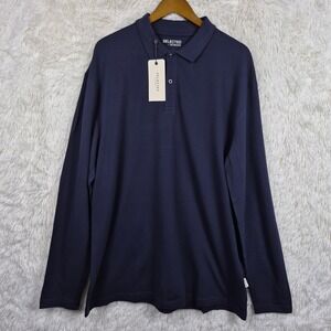 NWT Selected Homme Men XXL Relaxed Brook Long Sleeve Polo Shirt Navy Blue